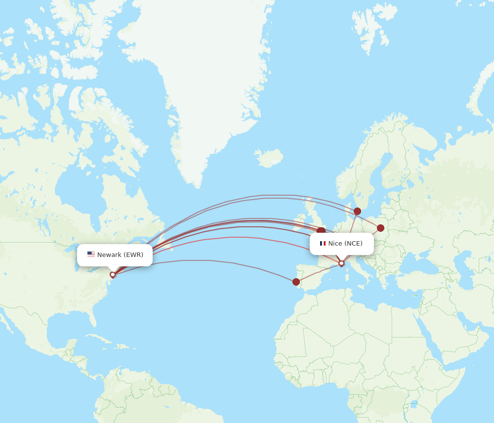 NCE to EWR flights and routes map