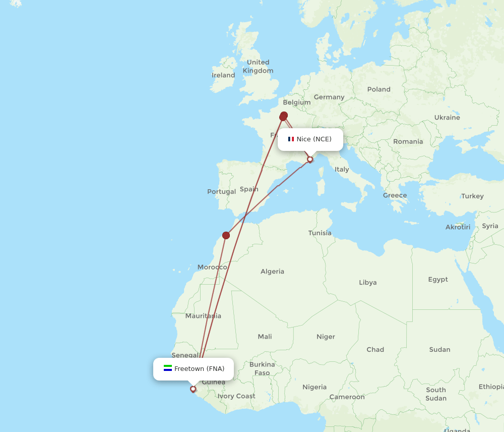 NCE to FNA flights and routes map
