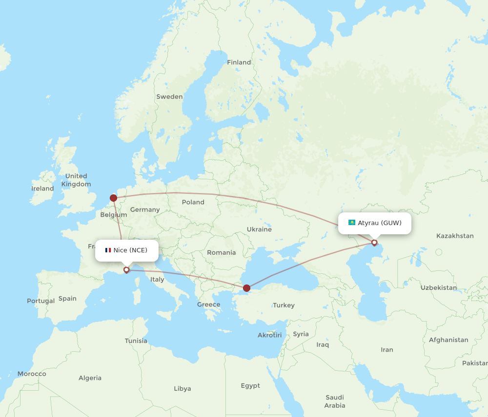 NCE-GUW flight routes