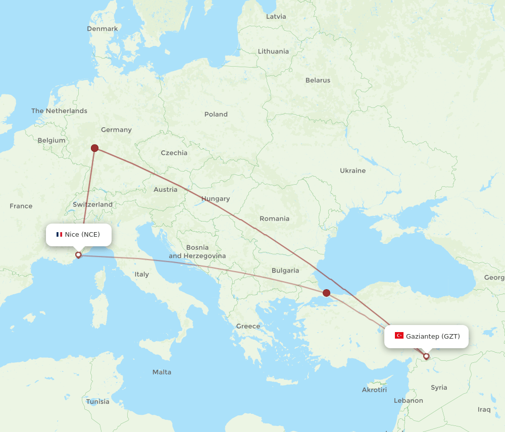 NCE to GZT flights and routes map