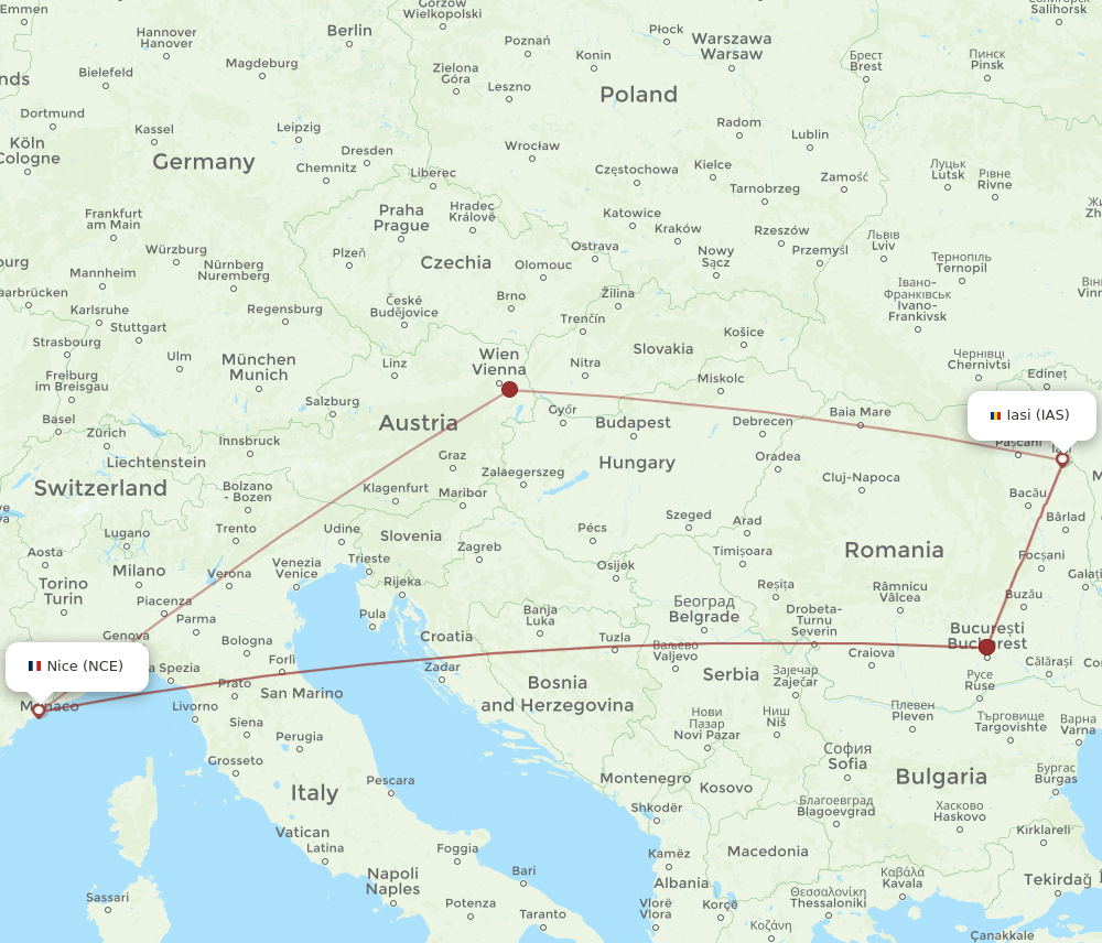 NCE to IAS flights and routes map