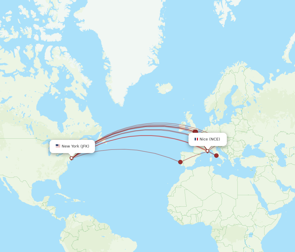 NCE to JFK flights and routes map