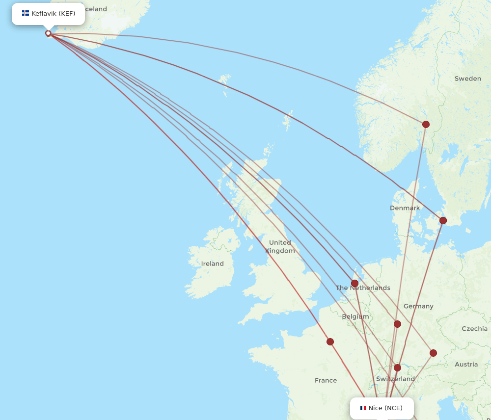 NCE to KEF flights and routes map
