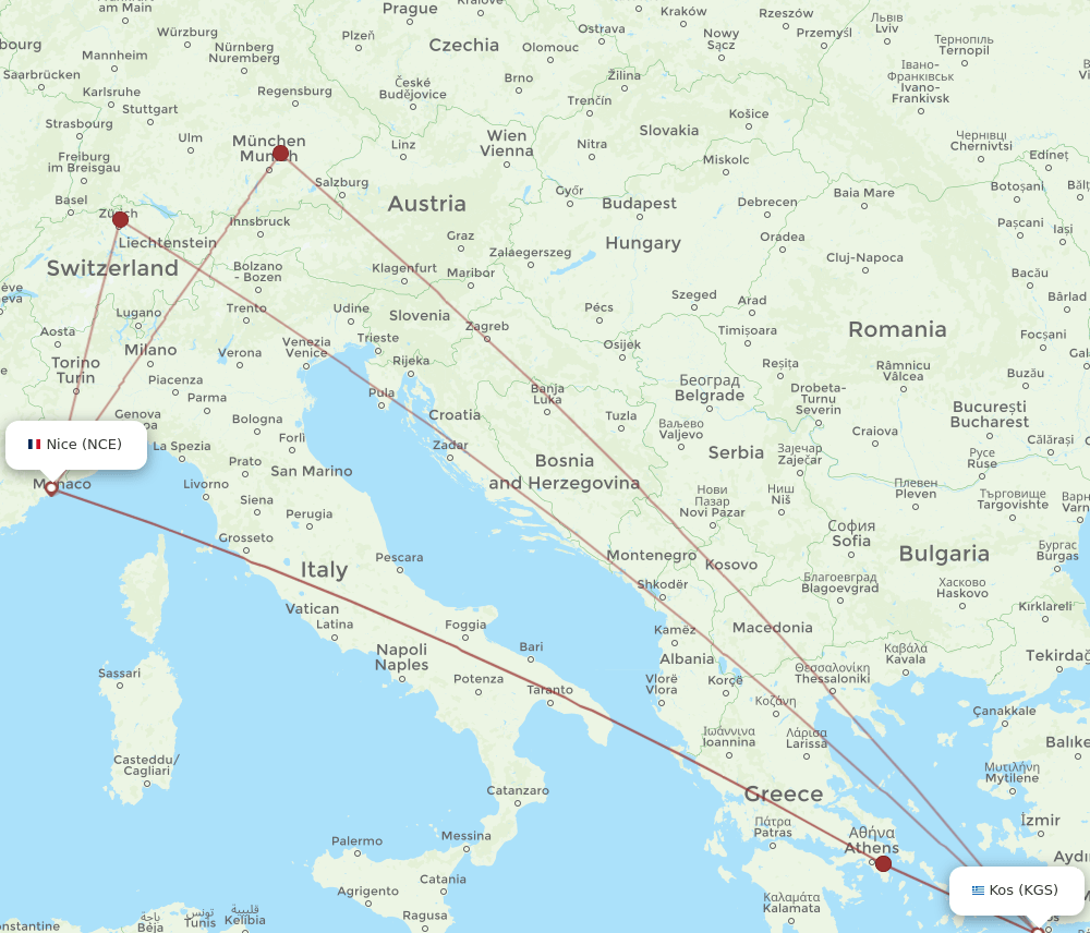 NCE to KGS flights and routes map