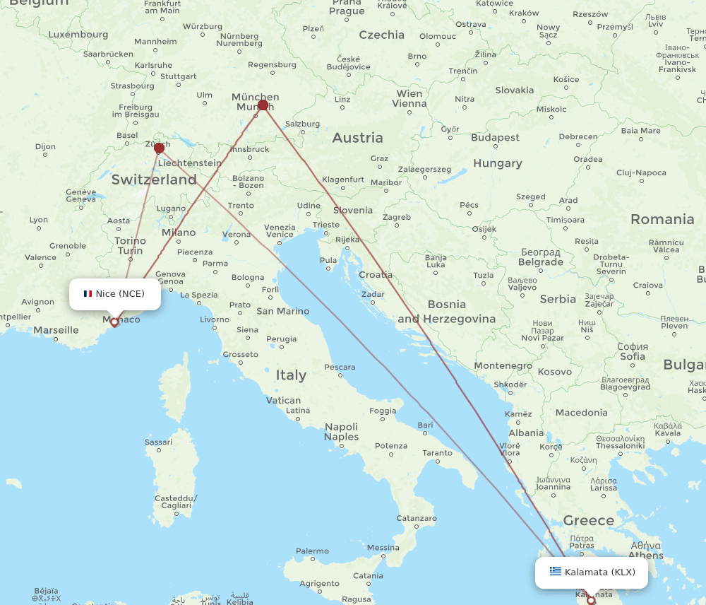 NCE to KLX flights and routes map