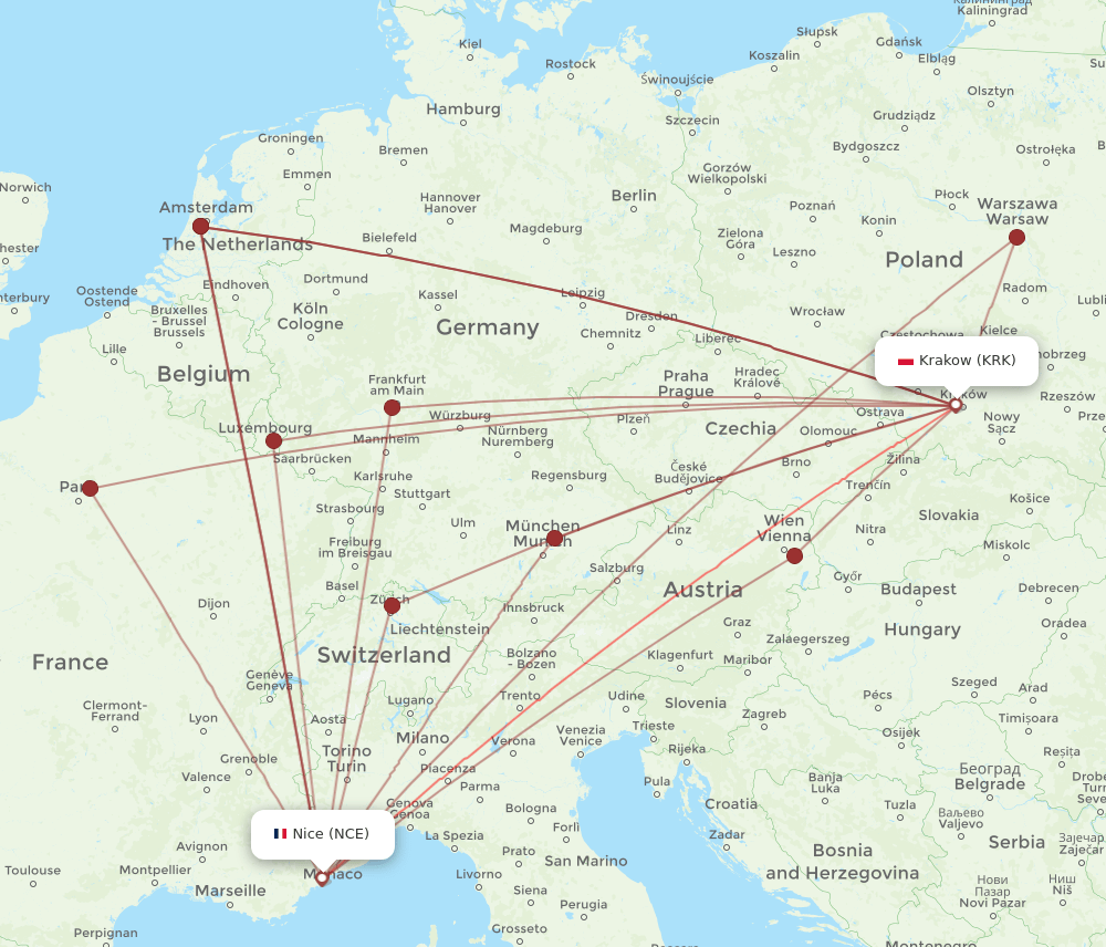NCE-KRK flight routes