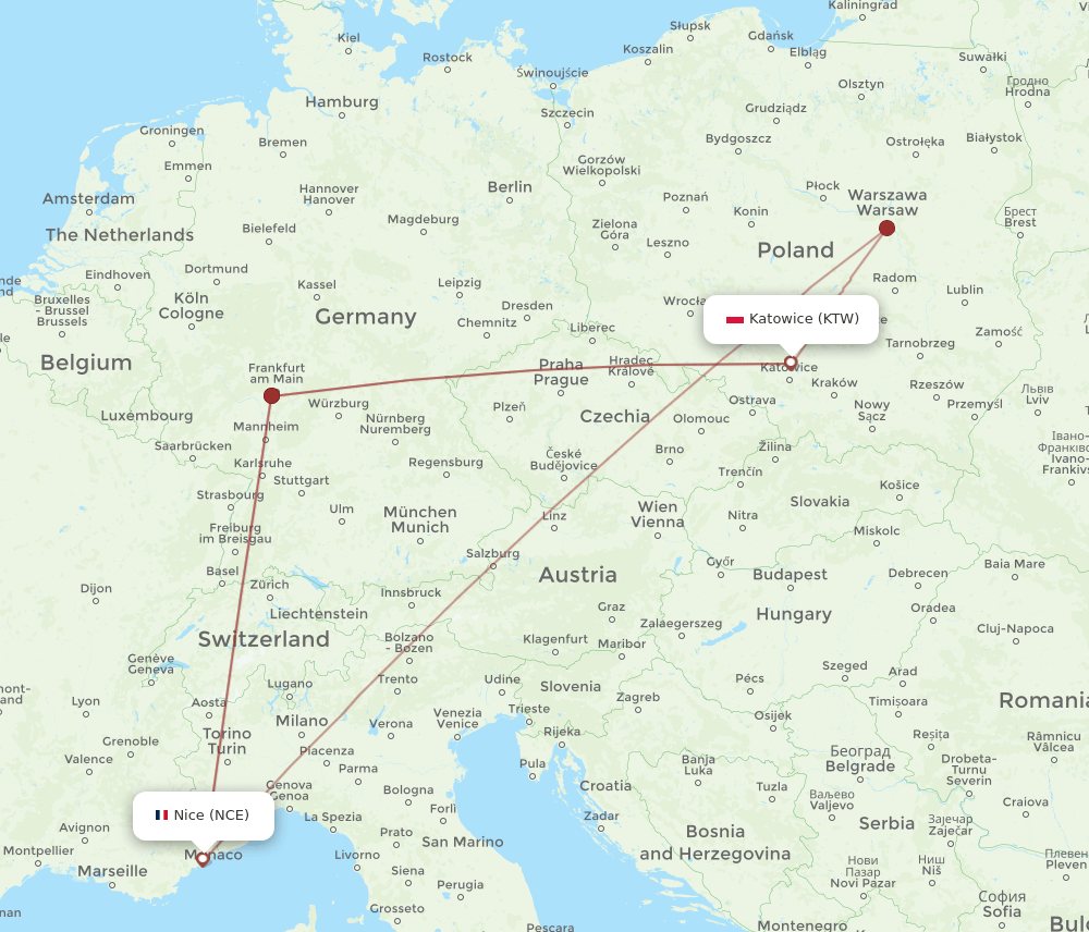 NCE-KTW flight routes