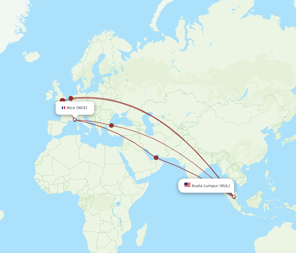 NCE to KUL flights and routes map