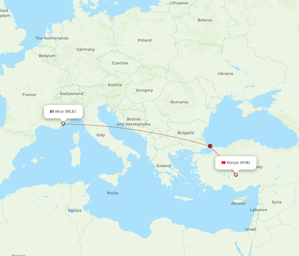 NCE to KYA flights and routes map