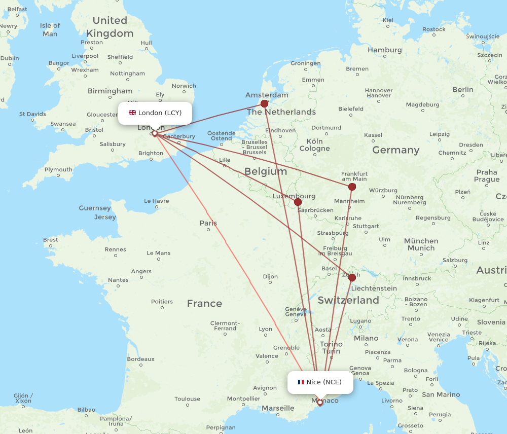 NCE to LCY flights and routes map