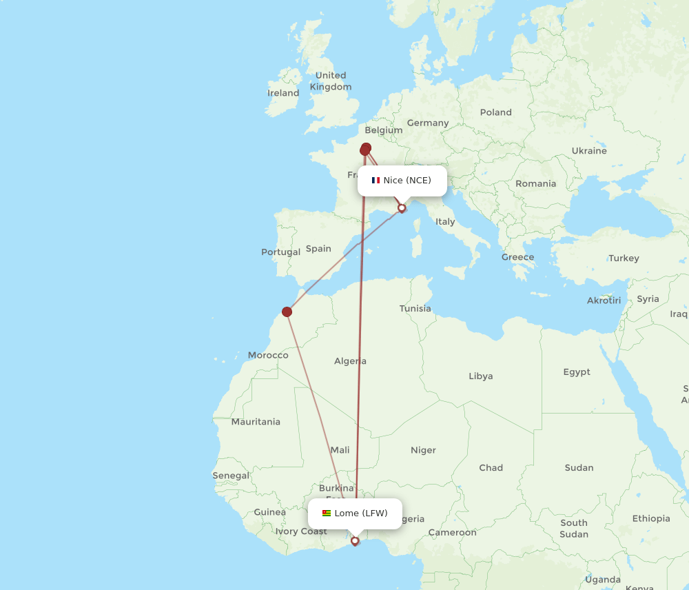 NCE to LFW flights and routes map