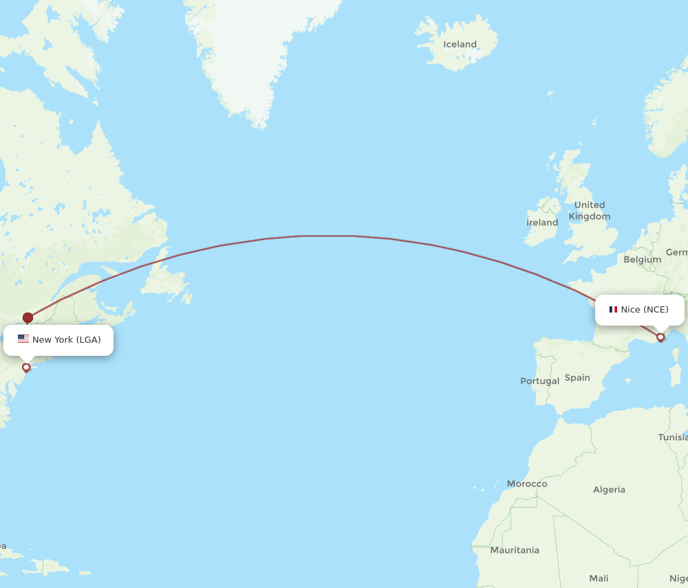 NCE to LGA flights and routes map