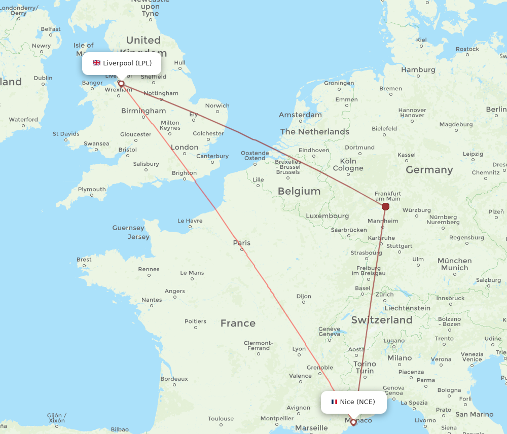 NCE to LPL flights and routes map