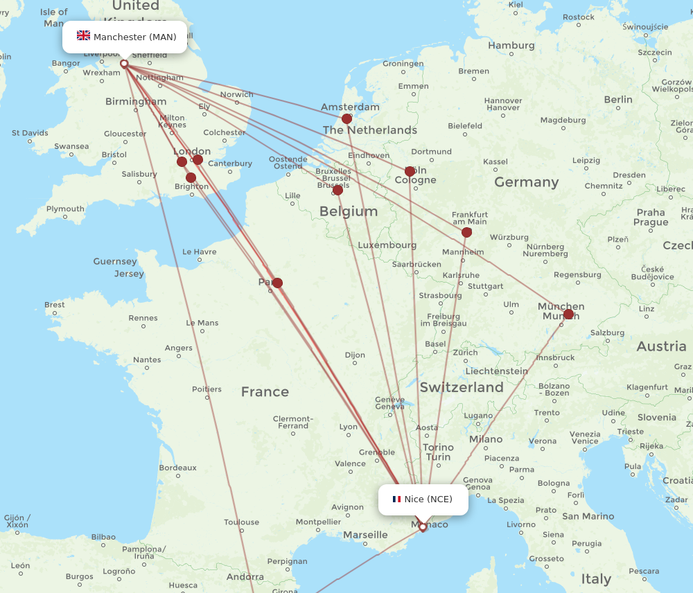 NCE to MAN flights and routes map