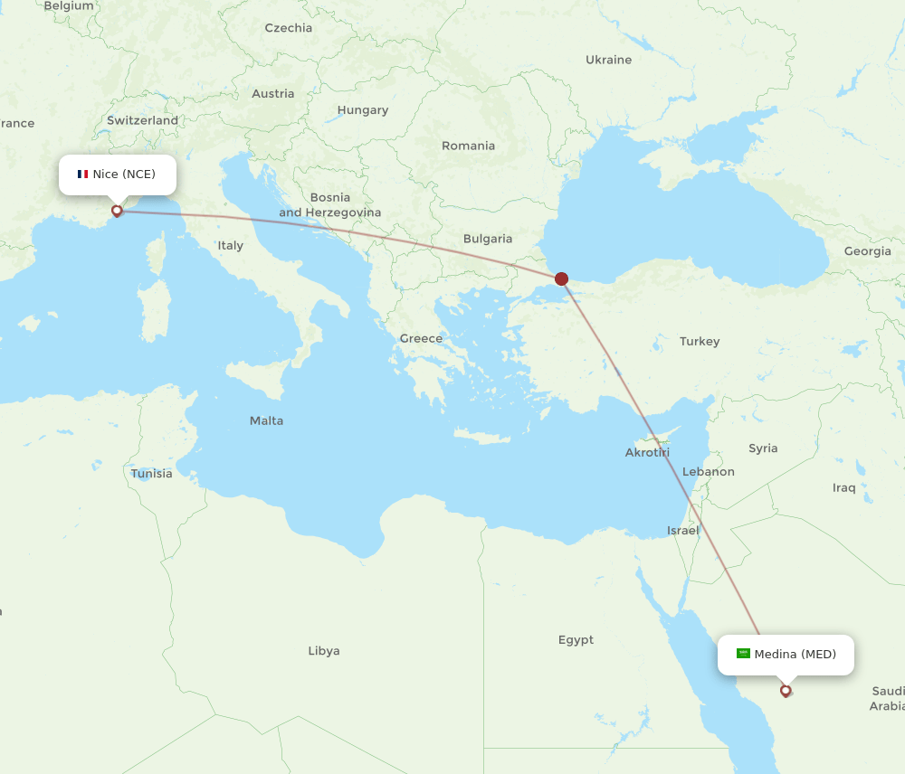 Madinah - Nice route map and flight paths