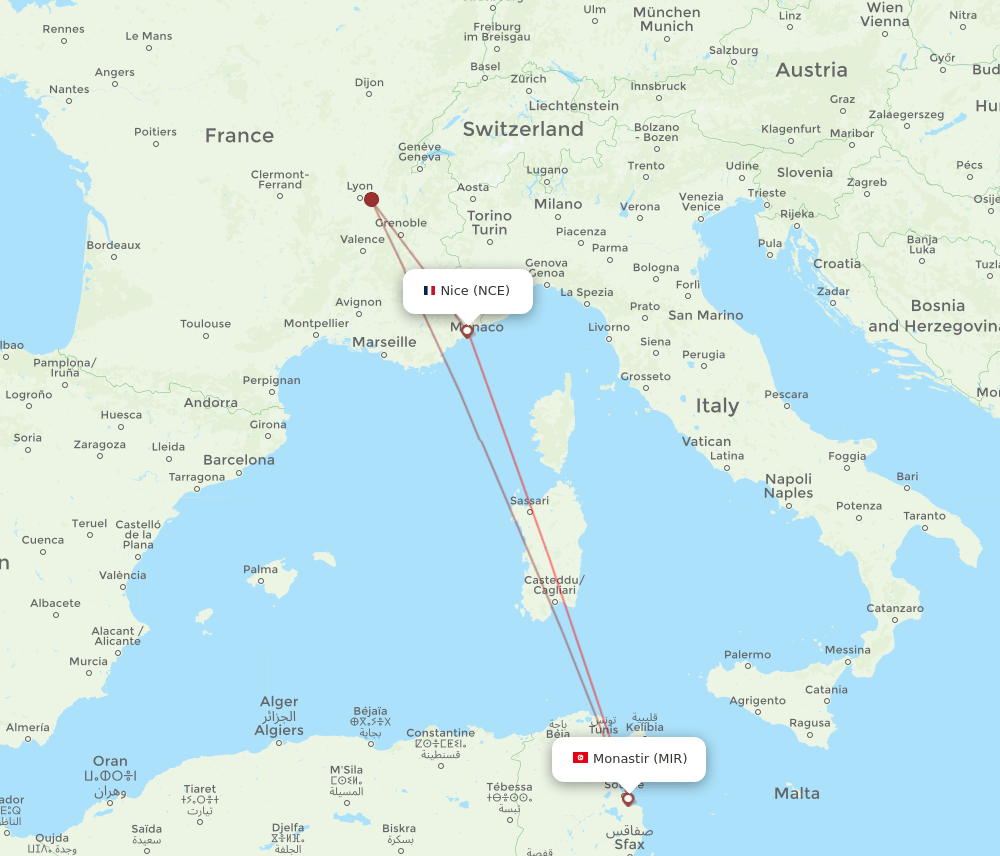 NCE to MIR flights and routes map