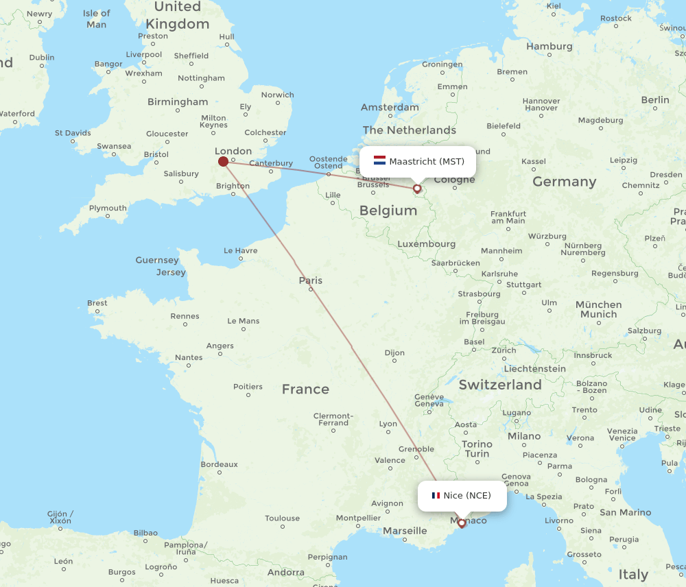 NCE to MST flights and routes map