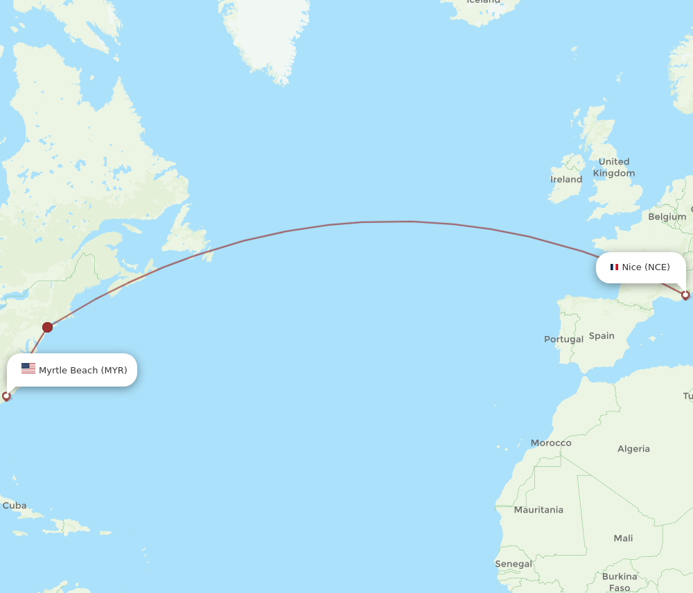 NCE to MYR flights and routes map