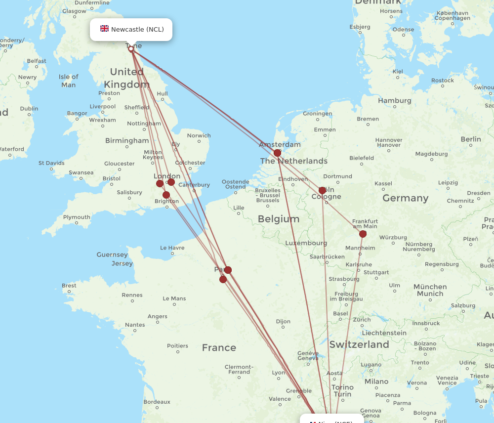 NCE to NCL flights and routes map