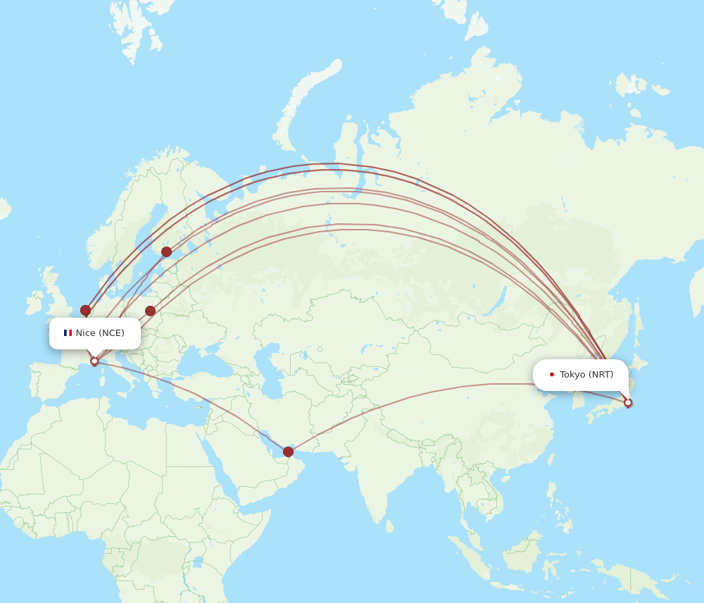 NCE to NRT flights and routes map