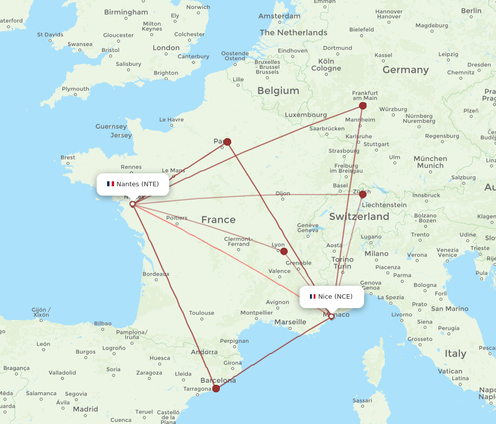 NCE to NTE flights and routes map