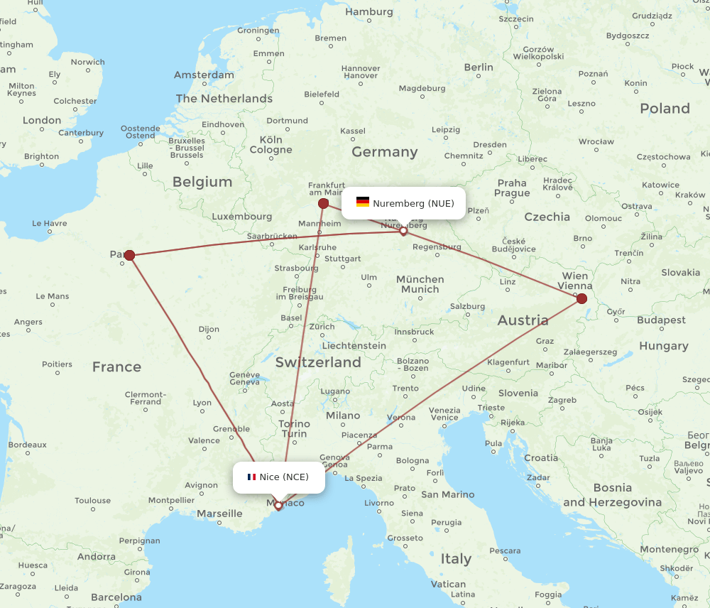 NCE to NUE flights and routes map