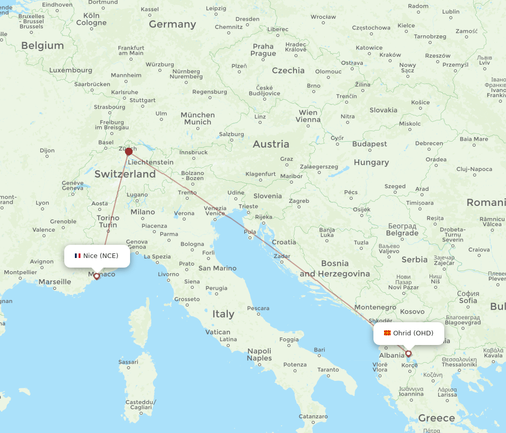NCE-OHD flight routes