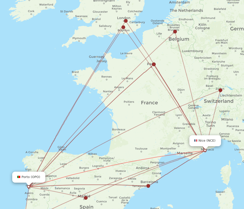 NCE to OPO flights and routes map