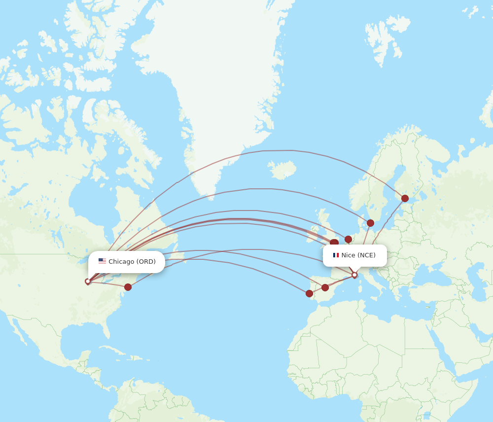 NCE to ORD flights and routes map