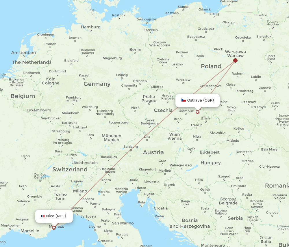 NCE to OSR flights and routes map