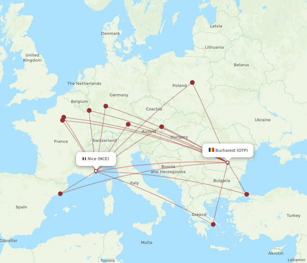 NCE to OTP flights and routes map