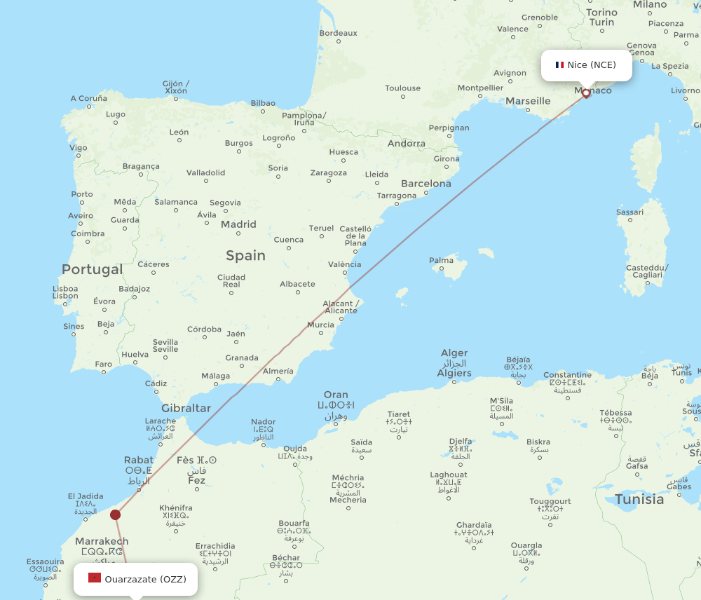 NCE-OZZ flight routes