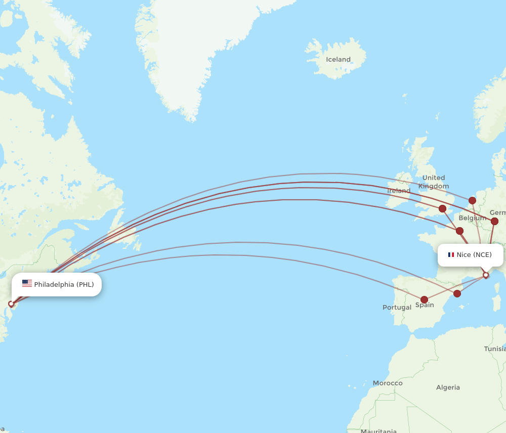 NCE-PHL flight routes