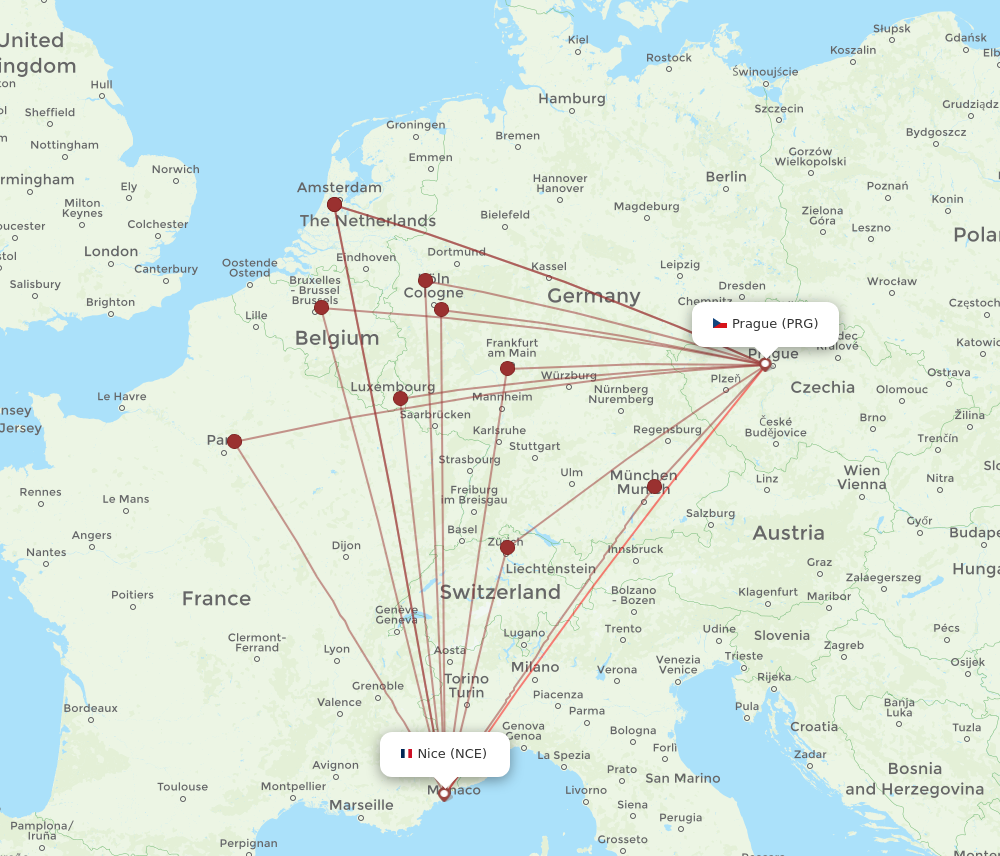 NCE to PRG flights and routes map