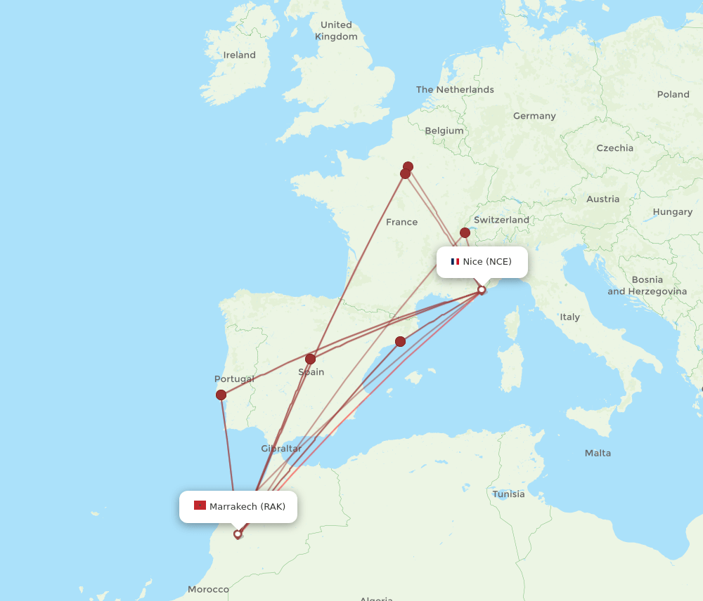 NCE-RAK flight routes