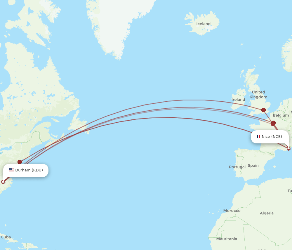 NCE to RDU flights and routes map