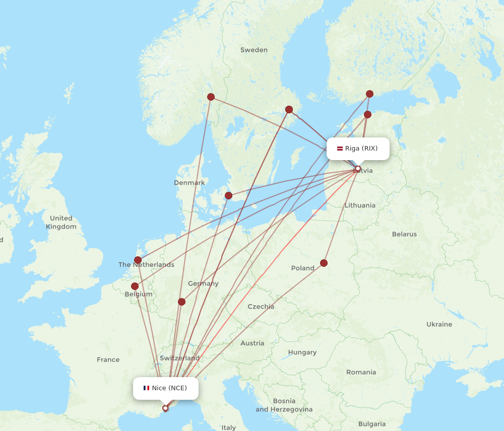 NCE to RIX flights and routes map