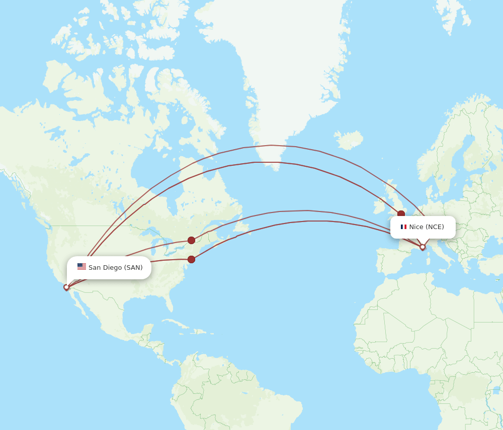 NCE to SAN flights and routes map