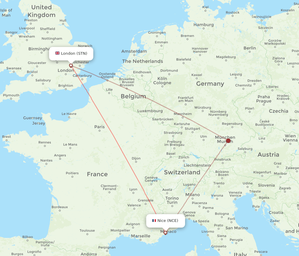 NCE to STN flights and routes map