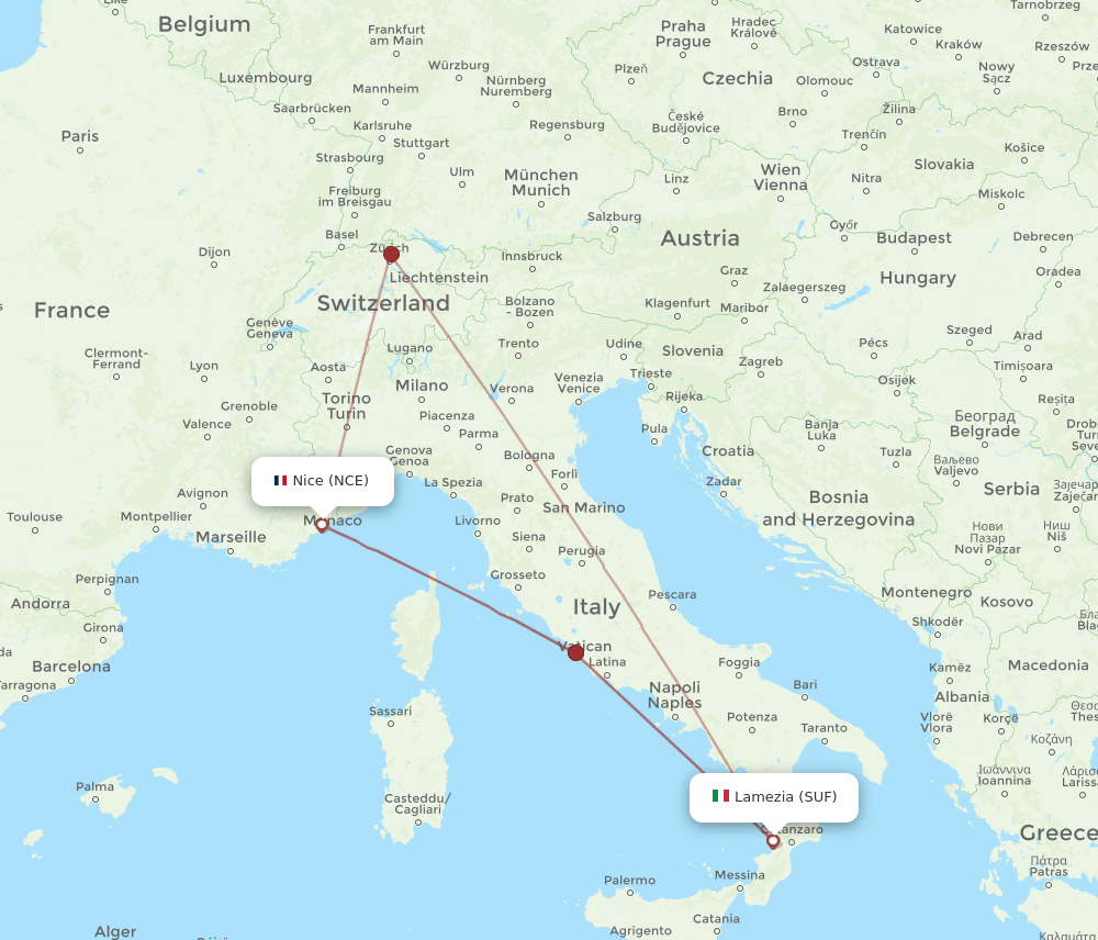 NCE to SUF flights and routes map