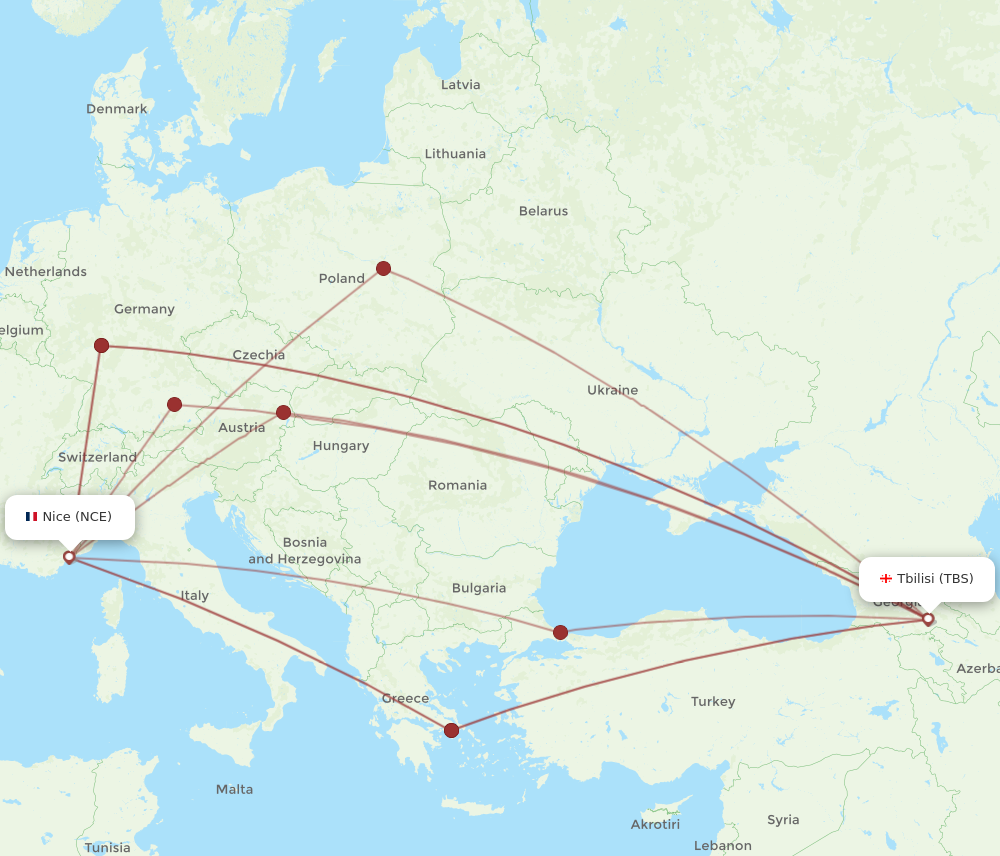 NCE to TBS flights and routes map