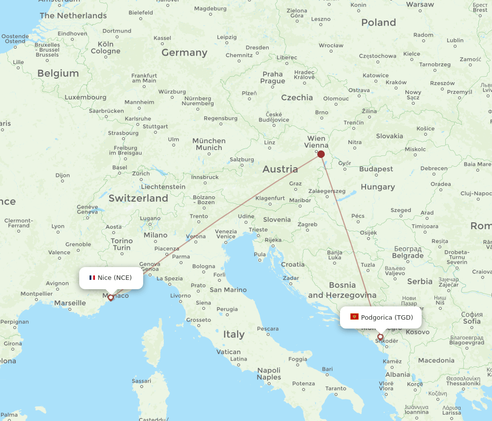 NCE to TGD flights and routes map