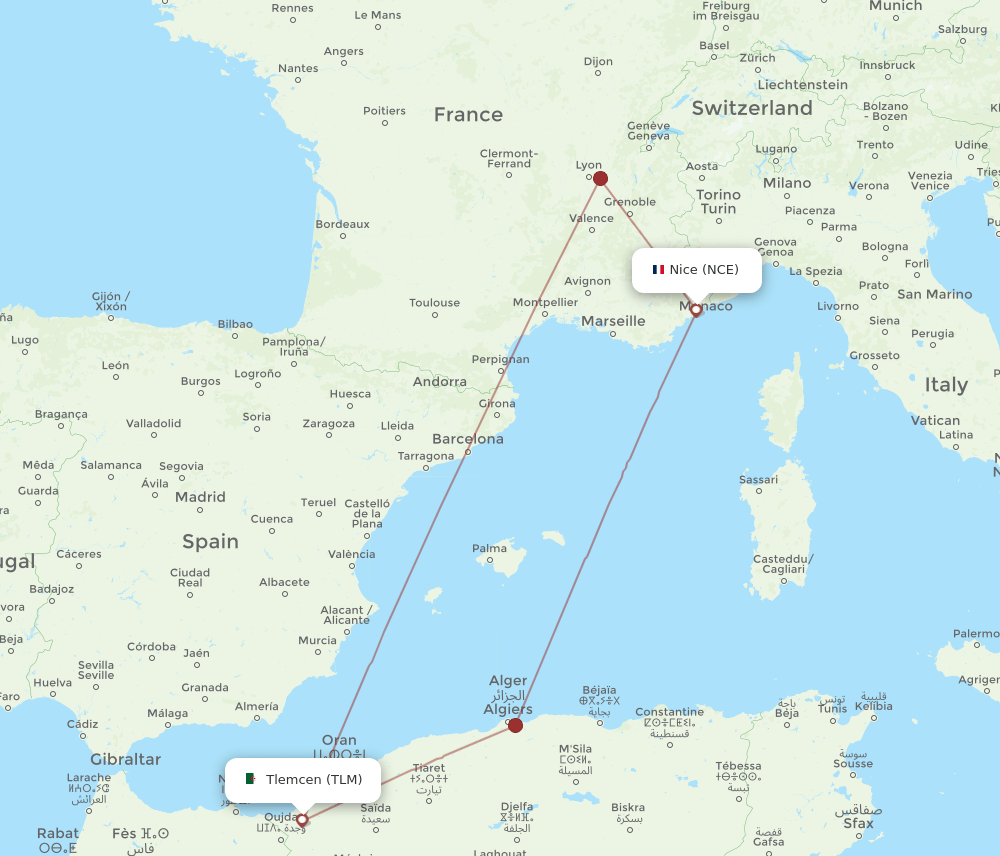 Tlemcen - Nice route map and flight paths