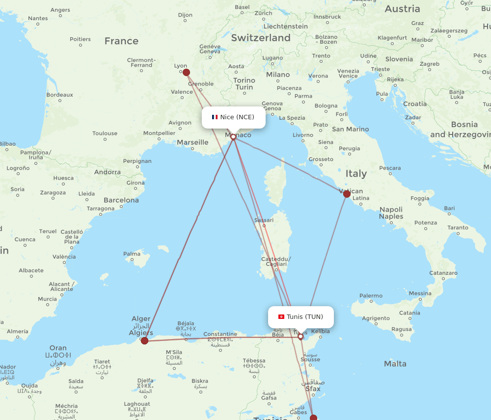 NCE to TUN flights and routes map