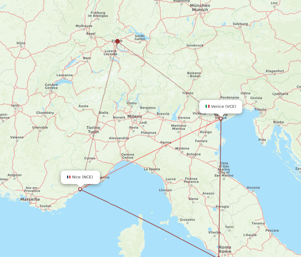 NCE to VCE flights and routes map