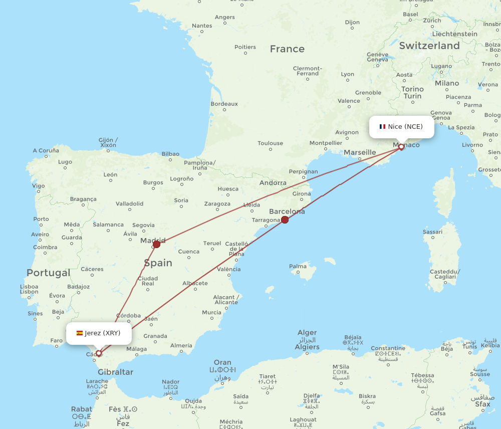 NCE to XRY flights and routes map