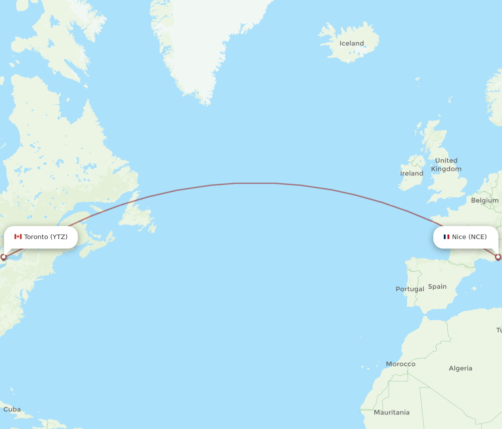 YTZ to NCE flights and routes map