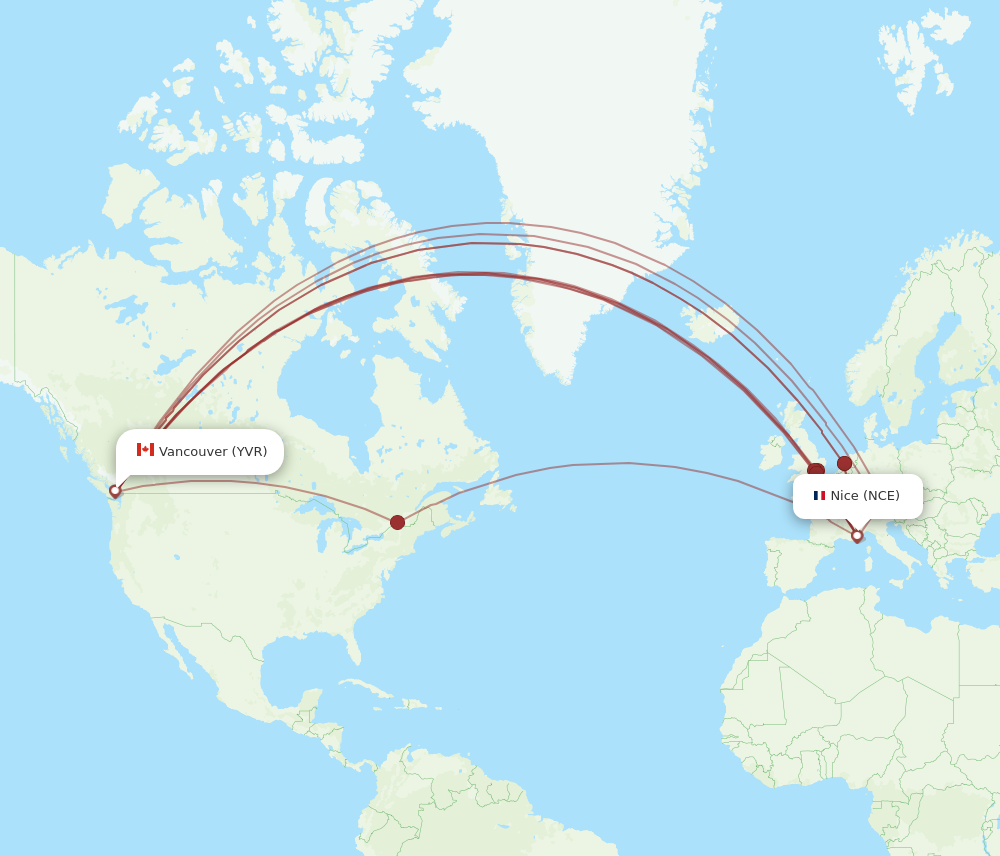 YVR to NCE flights and routes map
