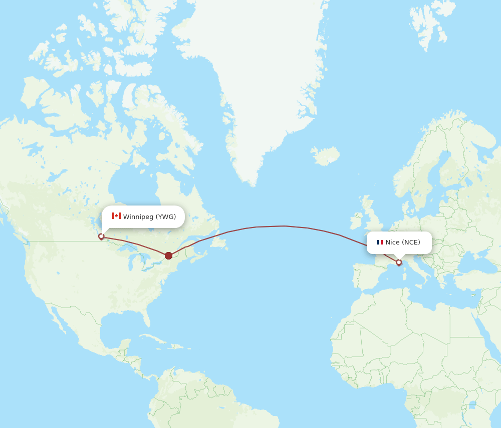 YWG to NCE flights and routes map