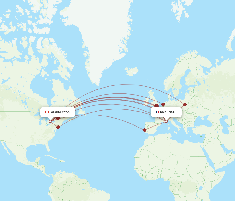 YYZ to NCE flights and routes map